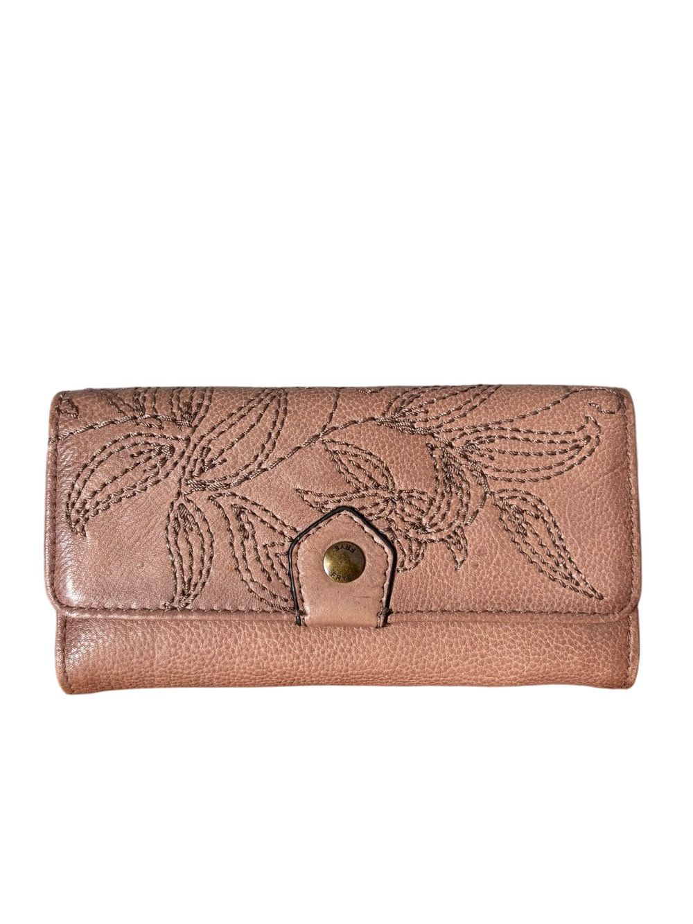 Frye Leather Floral Embroidered Wallet Taupe Western Boho Y2K